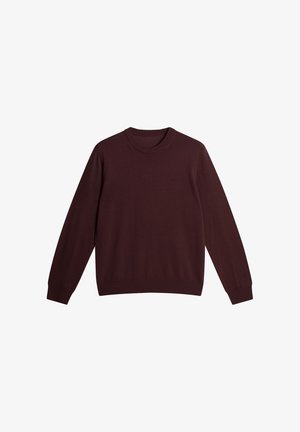 Burgunderfarbener Strickpullover mit Rundhalsausschnitt und langen Ärmeln. Verfügt über gerippte Bündchen und Saum. Glatte Textur, minimalistisches Design.
