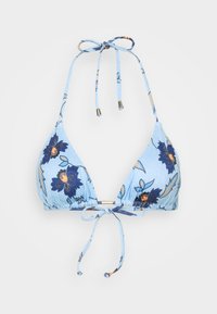 Ljusblå blommig bikini-topp med en triangulär design, justerbara band och metalliska detaljer i mitten och på spetsarna av remmarna.