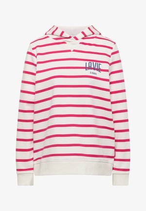 Bílá mikina s kapucí s horizontálními růžovými pruhy a nápisem "LA VIE À PARIS" na levé horní části hrudi, s kapucí na přední straně a žebrovanými manžetami.