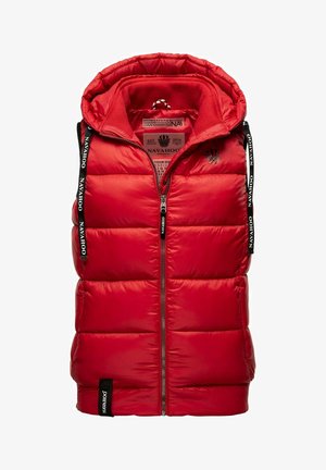 Giubbotto imbottito rosso con cappuccio, dotato di zip frontale integrale, spalline tessute e una patch con logo sull'orlo. Texture liscia e lucente.