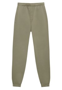 Pantalones jogger verde oliva hechos de tela suave, con una cintura elástica y puños ajustados, diseñados con bolsillos laterales.