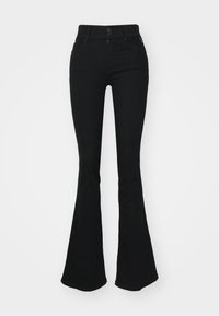 Black flared jeans with a high waist, featuring two front buttons and a zipper. Made of a soft denim material with a smooth texture.