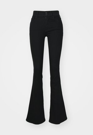 Jean évasé noir à taille haute, doté de deux boutons à l'avant et d'une fermeture éclair. Fabriqué en denim doux avec une texture lisse.