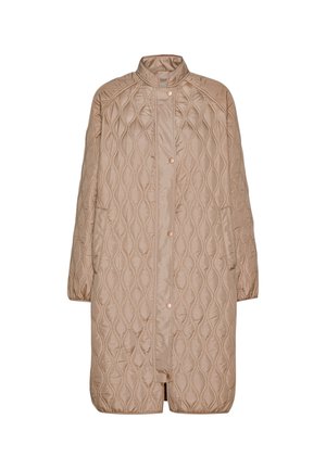 Beige gesteppter Mantel mit einem strukturierten Rautenmuster, hohem Kragen, Druckknopfverschluss und seitlichen Taschen. Lange Ärmel mit elastischen Bündchen.