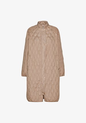 Beige gesteppter Mantel mit einem strukturierten Rautenmuster, hohem Kragen, Druckknopfverschluss und seitlichen Taschen. Lange Ärmel mit elastischen Bündchen.