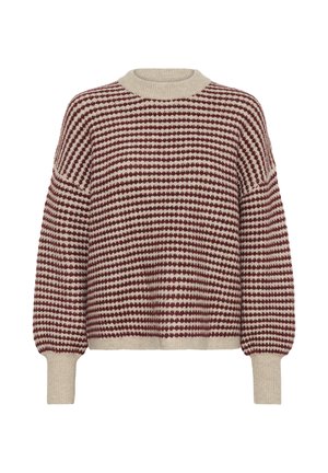 Suéter a cuadros con un patrón burdeos y crema, cuello redondo, hombros caídos y puños y dobladillo acanalados. Textura de punto suave.