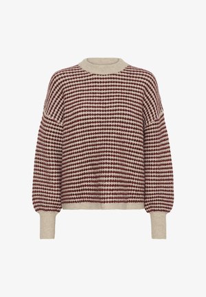 Geruit sweater met een bordeauxrood en crèmekleurig patroon, ronde hals, dropped shoulders en ribgebreide manchetten en zoom. Zachte brei textuur.