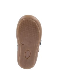 Braune Gummisohle mit einem strukturierten, wellenförmigen Design. Verfügt über einen kreisförmigen Ausschnitt und eine glatte Kante, die den blauen oberen Abschnitt ergänzt.