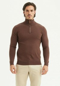 Pull à col zippé marron en tissu tricoté doux. Doté de manches longues et de poignets côtelés, offrant un look ajusté. Texture légère.