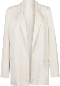 Světle béžový saka na míru s klopami, dlouhými rukávy, otevřeným předním dílem a dvěma klopovými kapsami na pásu.