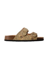 Sandale slide beige avec semelle en liège, deux brides réglables avec boucles, et broderie soleil et lune sur le matériau supérieur.
