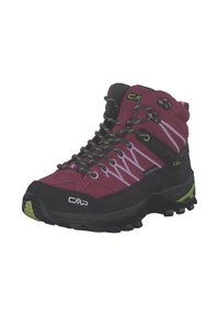 Scarpe da trekking in bordeaux, con un design impermeabile, dettagli neri testurizzati, lacci multicolori e una suola robusta per una buona aderenza.