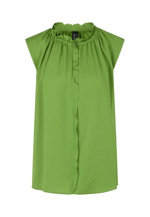 Green sleeveless blouse with a ruffled neck, front button closure, and soft, smooth fabric. Flared design with slightly rounded hem.