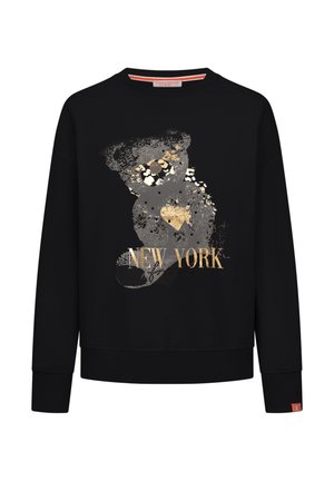 Zwarte sweatshirt met lange mouwen, voorzien van een berenafbeelding in grijs, gouden accenten en de tekst "NEW YORK". Gemaakt van een zachte stofmix.