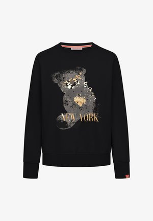 Czarna bluza z długim rękawem z grafiką misia w odcieniach szarości, ze złotymi akcentami i napisem "NOWY JORK". Wykonana z miękkiej mieszanki tkanin.