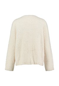 Helle beige, strukturierte Pullover mit langen Ärmeln, einem runden Halsausschnitt und einem taillierten Bund. Weicher, plüschiger Stoff mit glatter Oberfläche. Rückansicht gezeigt.