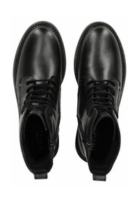 Black leather ankle boots featuring round toes, lace-up front, side zippers, and textured stitching along the sole. Smooth finish.