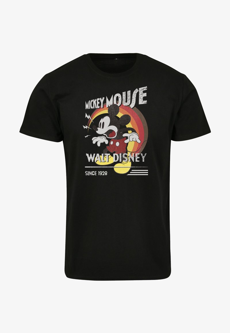 T-shirt en coton noir avec un graphique de Mickey Mouse, des couleurs vives, des éléments de design rétro et le texte "Walt Disney Depuis 1928".