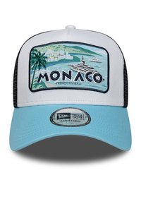 Adjustable cap with a white front and black mesh back, featuring a blue brim. Embroidered design of Monaco with palm trees and yachts.