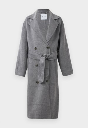 Gray double-breasted coat made of wool blend fabric. Features a tie belt, wide lapels, and metal buttons. Textured finish throughout.