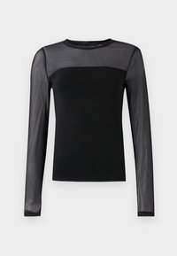 Musta pitkähihainen toppi, jossa on kiinteä vartalo ja läpinäkyvät verkkohihat, pyöreä kaula-aukko ja slim fit -muotoilu.