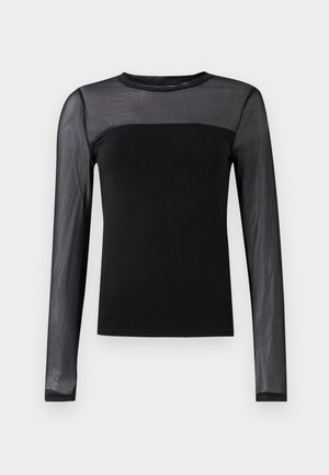 Musta pitkähihainen toppi, jossa on kiinteä vartalo ja läpinäkyvät verkkohihat, pyöreä kaula-aukko ja slim fit -muotoilu.