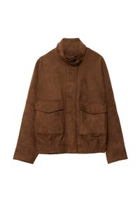 Veste en daim marron avec un col haut, deux poches plaquées à l'avant et un ourlet élastiqué. Texture lisse et design ajusté.