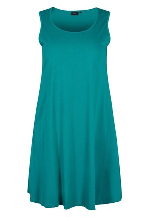 Robe trapèze sans manches de couleur sarcelle avec encolure ronde, longueur au genou, fabriquée en tissu lisse, étiquetée Zizzi.