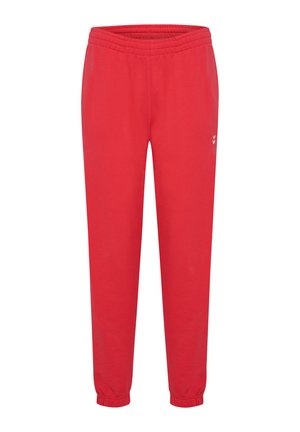 Rode sweatpants van zachte stof, met een elastische tailleband en enkelmanchetten, voorzien van een klein, wit logootje aan de zijkant.