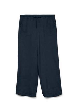 Pantaloni rilassati blu navy realizzati in tessuto testurizzato, dotati di vita elasticizzata con cordino e due tasche anteriori.
