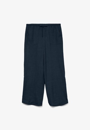Navy blue relaxed-fit pants made of textured fabric, featuring an elastic waistband with a drawstring and two front pockets.