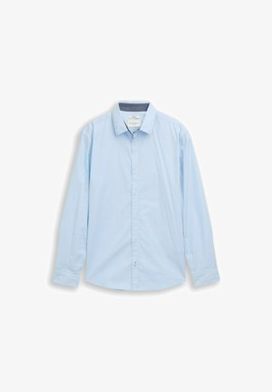 Helehall sinine pika varrukaga särk, tehtud puuvillast. Omab klassikalist kraed, ees nööpidega sulguvat osa ja peent tekstuuri. Hemm on ümardatud.