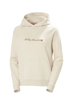 Krémová mikina s kapucí s žebrovanou strukturou, která má přední kapsu a na ní vyšitý nápis "Helly-Hansen" zlatou barvou s akcentem norské vlajky.