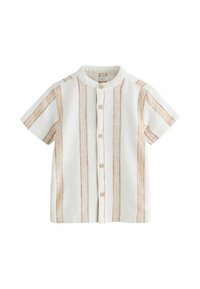 Bavlnená košeľa s krátkym rukávom v bielej farbe s béžovými vertikálnymi pruhmi, zapínaním na gombíky vpredu a stojačikom. Vyrobená z textúrovaného látky so voľným strihom.