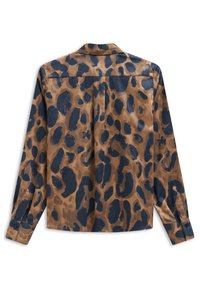 Leopard print shirt in brown and navy, with a smooth texture, long sleeves, and a classic collar. Features button cuffs and a back yoke.