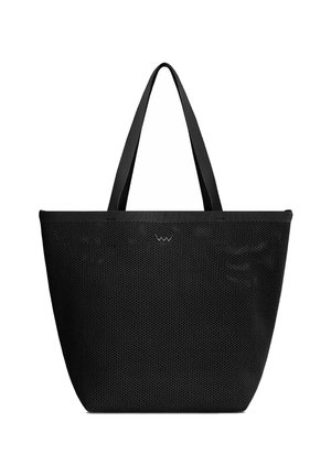 Black large tote bag with long handles, made of woven mesh fabric, simple design, no visible pockets or closures.