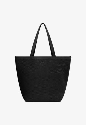 Große schwarze Einkaufstasche mit langen Griffen, aus gewebtem Mesh-Stoff, schlichtes Design, keine sichtbaren Taschen oder Verschlüsse.