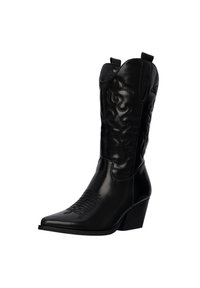 Bota vaquera de cuero negro con punta afilada, costura decorativa en el tubo y tacón apilado. Incluye lengüetas para ponérsela fácilmente.