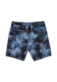 Niebiesko-czarne spodenki kąpielowe z tropikalnym wzorem liści palmowych. Średnia długość, dwa tylne kieszenie i miękka tekstura.