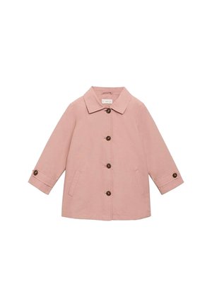 Helle rosa Jacke aus glattem Stoff, mit Kragen, fünf Knöpfen, zwei seitlichen Taschen und hochgekrempelten Ärmeln.