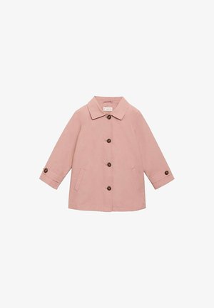 Helle rosa Jacke aus glattem Stoff, mit Kragen, fünf Knöpfen, zwei seitlichen Taschen und hochgekrempelten Ärmeln.