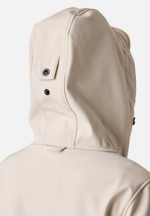 Beige hooded jacket with smooth fabric, featuring a snap button closure and a rectangular patch on the back near the neckline.