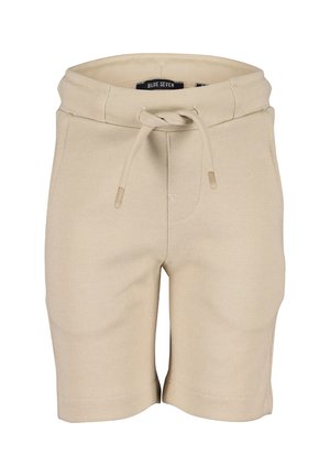 Pantaloni corti in tessuto beige con superficie testurizzata, vita elasticizzata e cordino, tasche anteriori e etichetta del marchio all'interno della vita.