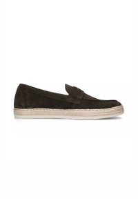 Scarpa slip-on in suede verde scuro con suola leggera in juta. Presenta un design piatto e un accento di cucitura lungo la parte superiore.