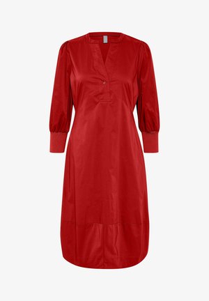 Punane puuvillane kleit V-kaelusega, nööbiplokiga, puffitud pikkade varrukatega ja kaardus helmaga. Sile tekstuur ja minimaalsed õmblused.