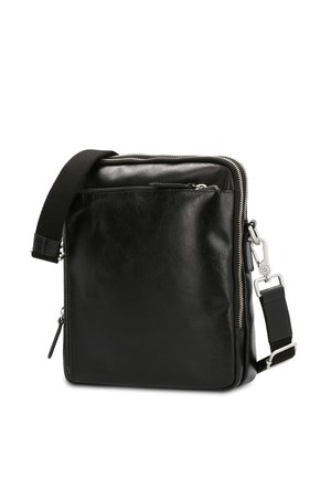 Schwarze Umhängetasche aus Leder mit Reißverschluss, Fronttasche und verstellbarem Schultergurt. Glatte Textur, rechteckige Form, silberne Metallelemente.
