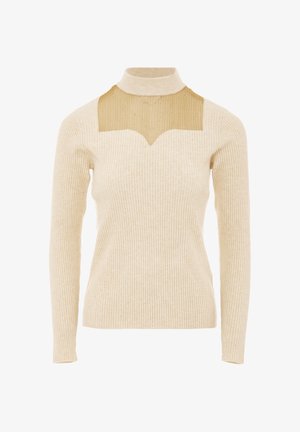 Beige ribbattuinen kaulusneule, jossa on läpinäkyvä kultainen verkko-osa kaula-aukolla, pitkät hihat ja muotoiltu siluetti.