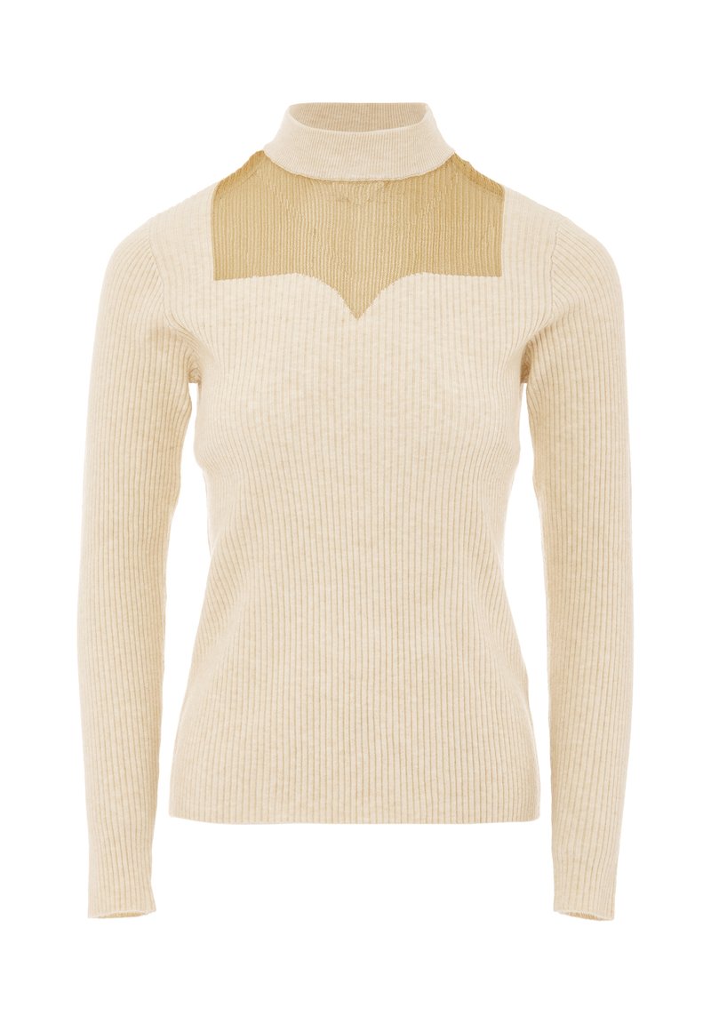 Beige geribbelde turtleneck trui met een doorzichtige gouden gaasplaat bij de hals, lange mouwen en een getailleerd silhouet.