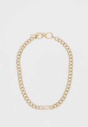 Pulseira de corrente em tom dourado com elos interligados, com uma pequena etiqueta exibindo "RL" e um fecho de mola para um fecho seguro.