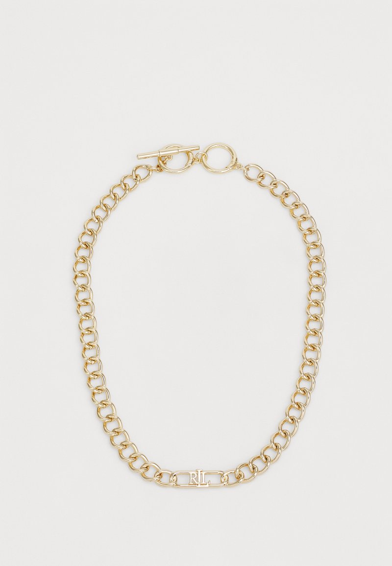 Βραχιόλι αλυσίδας σε χρυσό τόνο με διασυνδεδεμένους κρίκους, φερόμενη μικρή ετικέτα που δείχνει "RL" και κούμπωμα με τα οποία κλείνει για ασφαλή εφαρμογή.